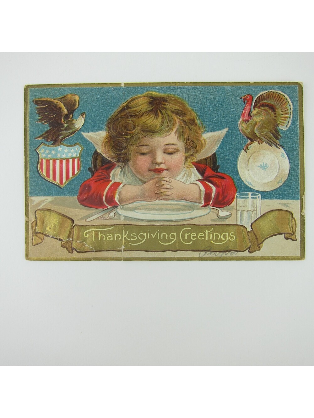 Thanksgiving Postcard Boy Praying Meal Wild Turkey Eagle Embossed Antique 1908